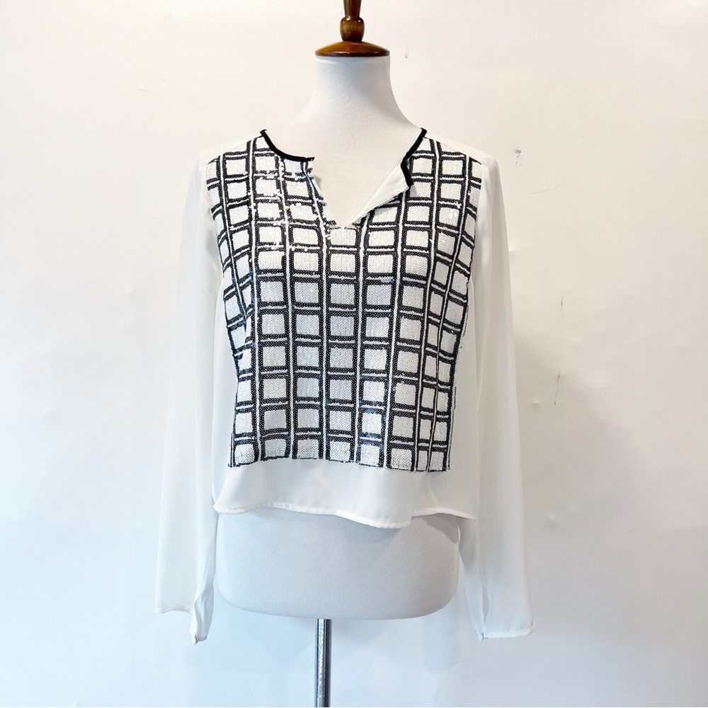 1.State Sequin Gridlock Top White & Black Size Medium